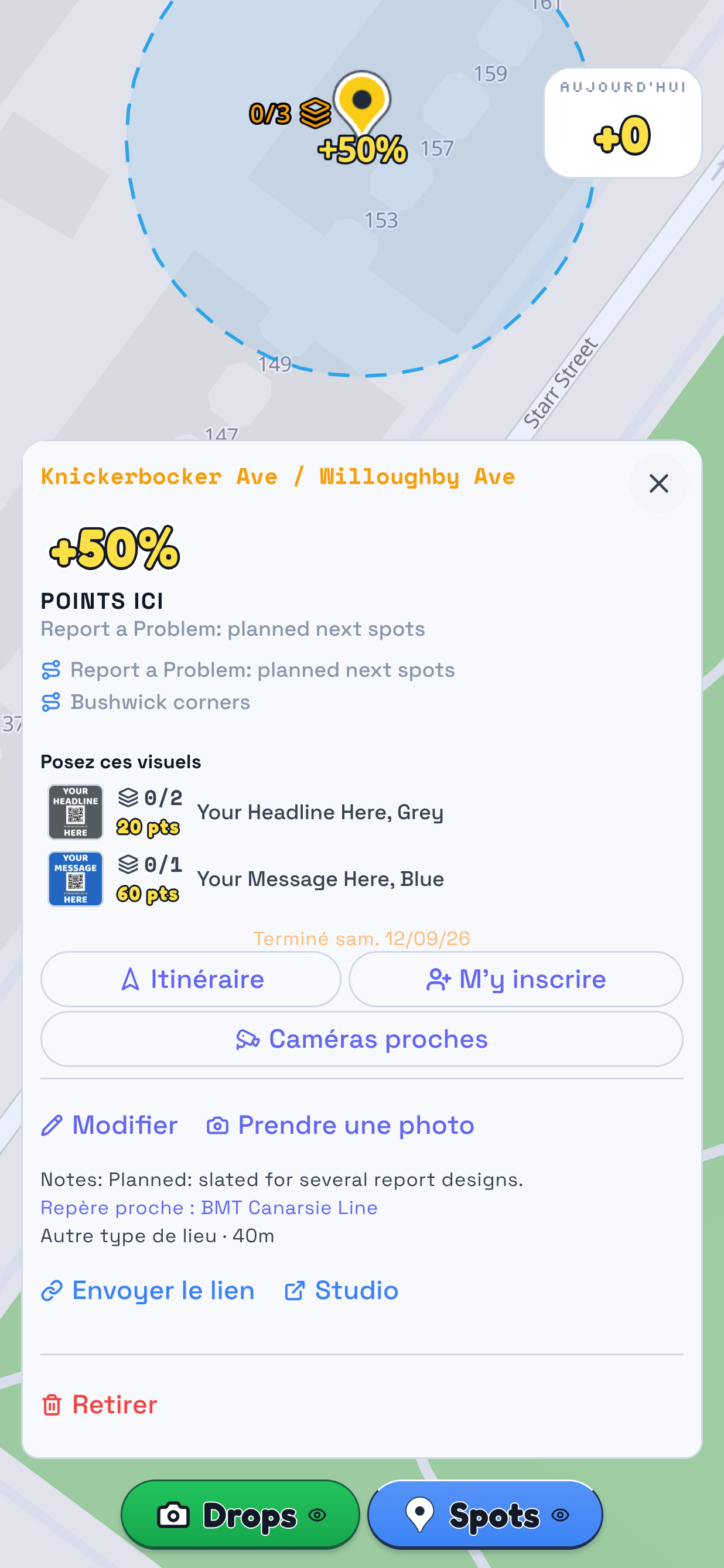 La carte de TraceReach Drop avec une fiche Spot ouverte. Le repère entoure cette fiche : Knickerbocker Ave / Willoughby Ave, +50 % de points ici, les deux Runs associés et une liste des deux visuels à poser avec les quantités manquantes.