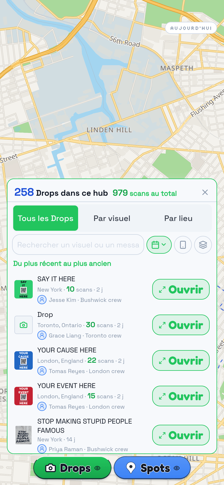 Les derniers Drops sur la carte, avec leur visuel et leur date