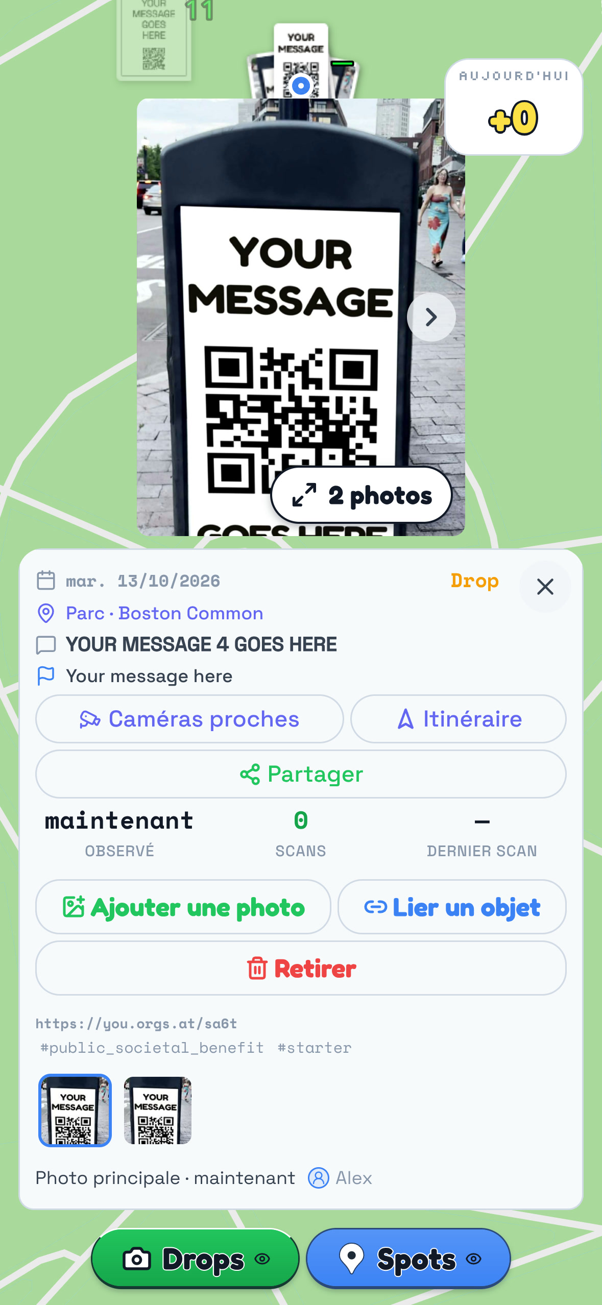 Un Drop vient d'être enregistré : la photo épinglée là où elle a été prise, avec son lieu et son heure