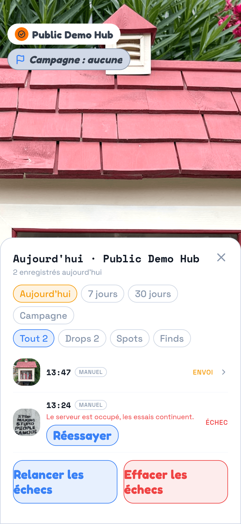 La file d’envoi de TraceReach Drop : Drop enregistré à l’instant, synchronisation en cours, ancien envoi en échec et option pour réessayer