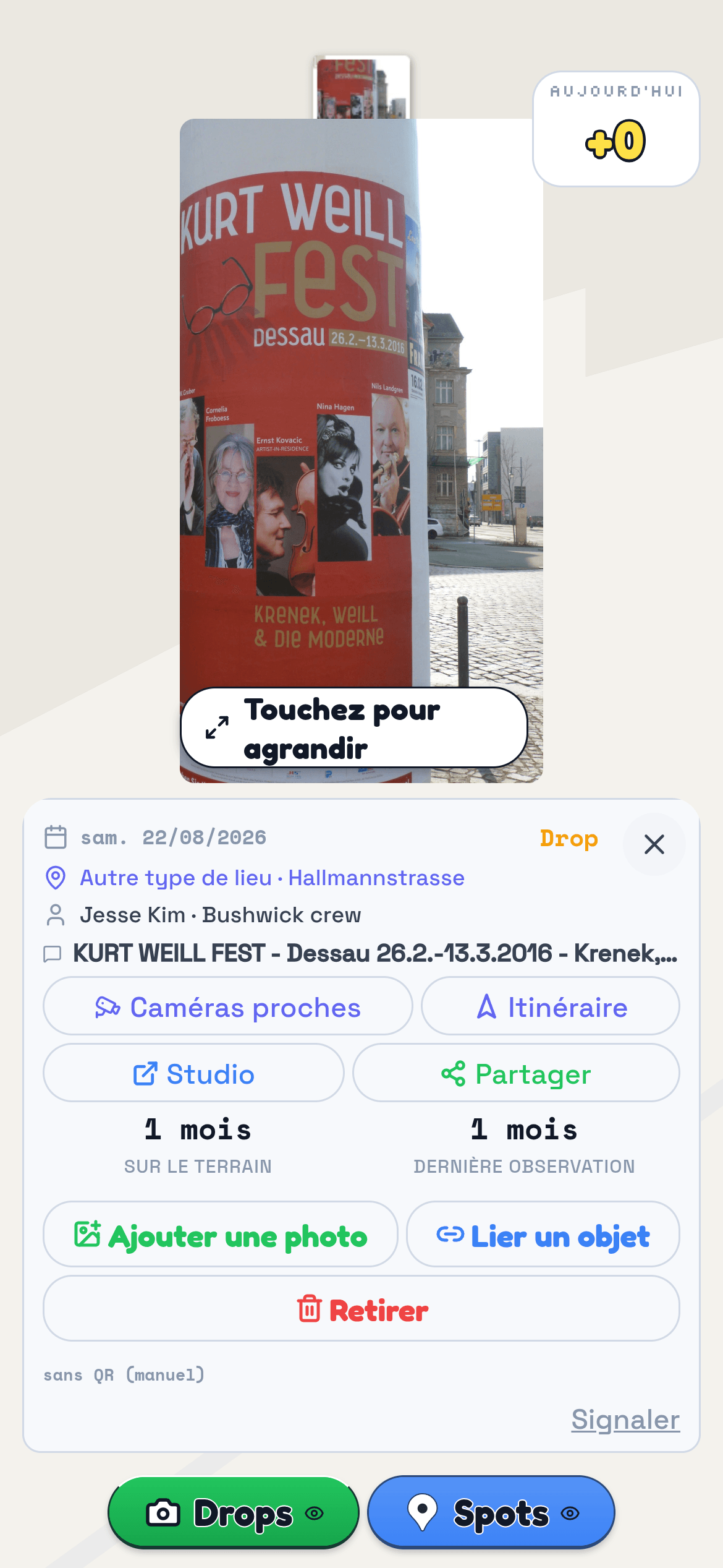 La même colonne en tant que Drop sur la carte, avec photo, endroit et heure