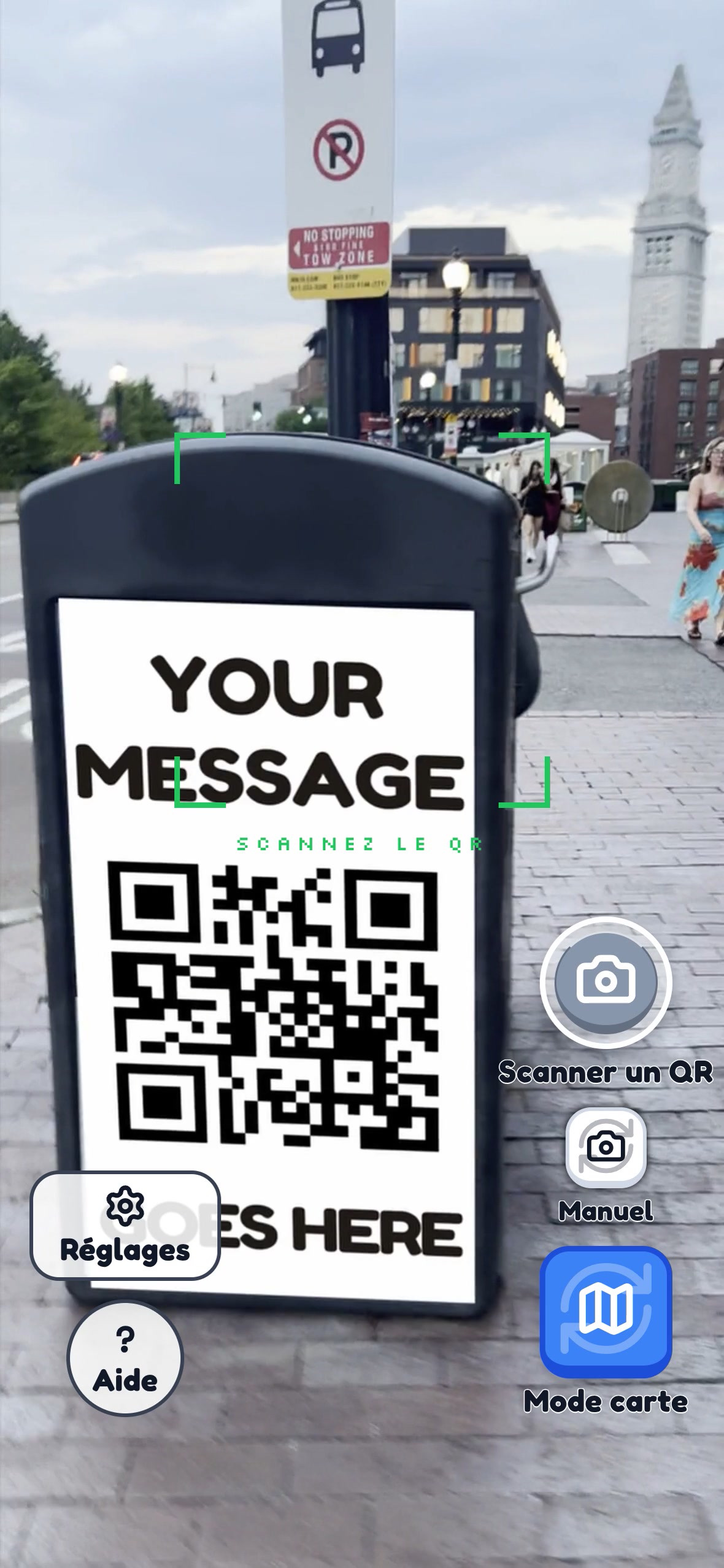 Le même Drop en cours d'enregistrement : TraceReach Drop verrouille le QR de la pancarte dans la rue