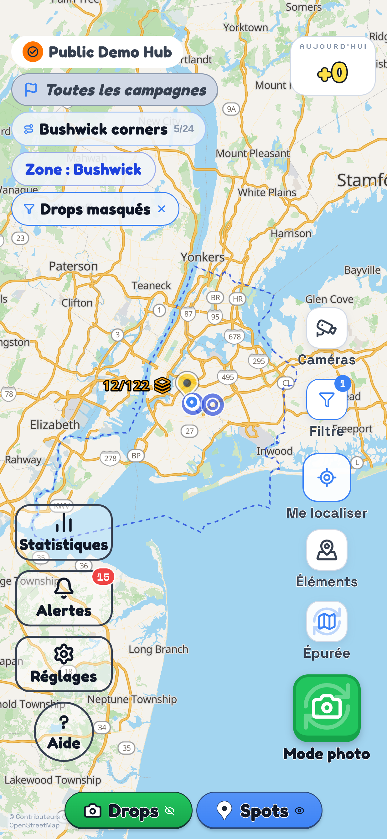 Une zone de Drop suivant la limite de New York dans TraceReach Drop, 15 de ses 110 Spots couverts jusqu'à présent