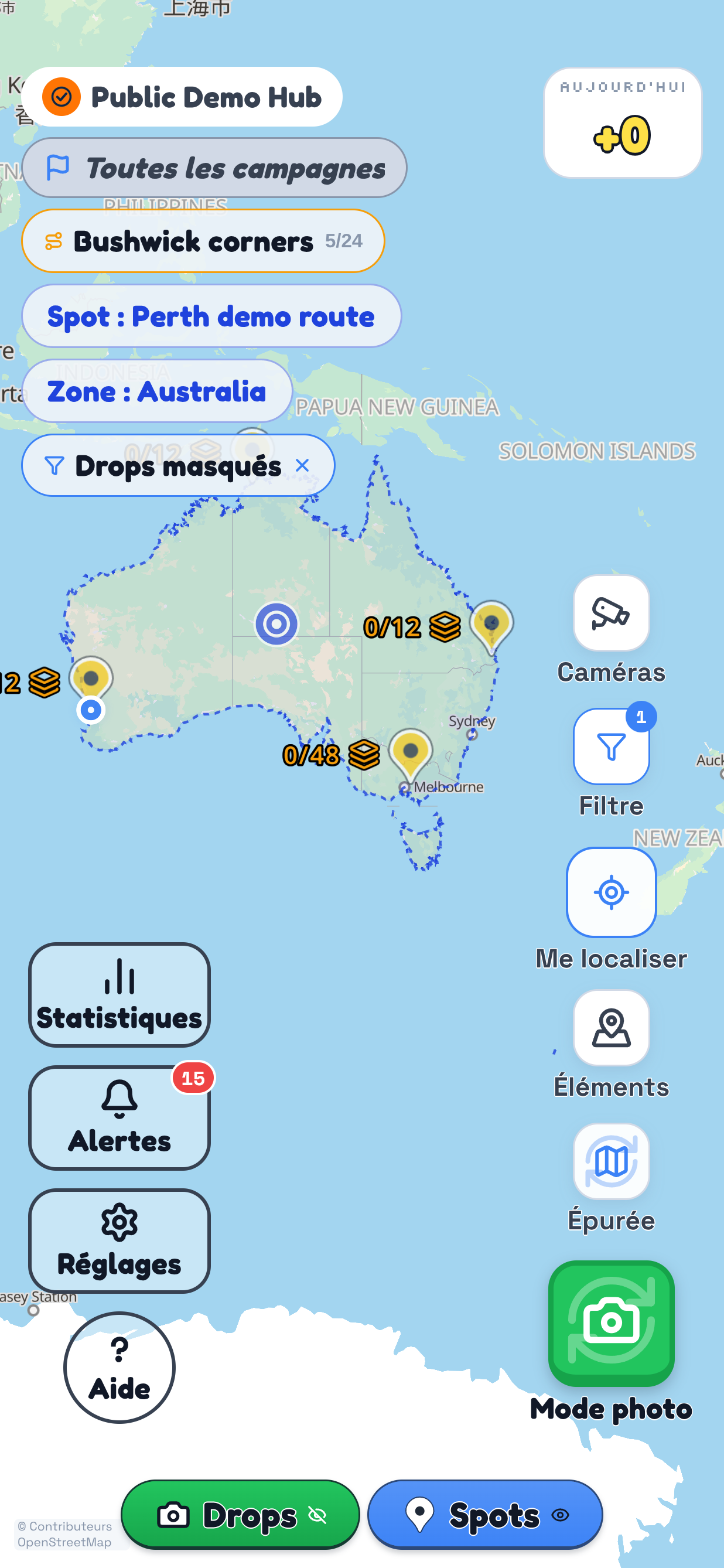 TraceReach Drop : une zone de Drops à l'échelle d'un pays suit le littoral australien et contient des plans de villes simulés.