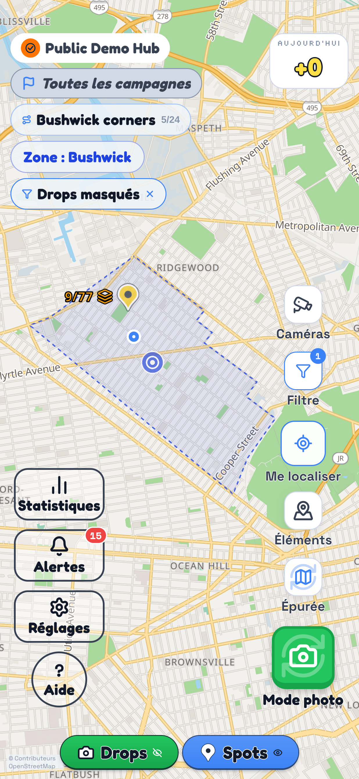 Une zone de Drop dans TraceReach Drop suivant la limite de Bushwick, avec 11 des 65 Spots de la campagne couverts à l'intérieur