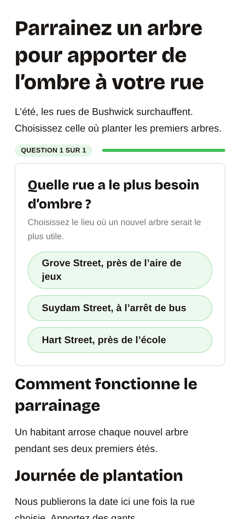 La page créée par le plan, sur téléphone : Parrainez un arbre pour apporter de l’ombre à votre rue, avec les trois réponses du sondage.