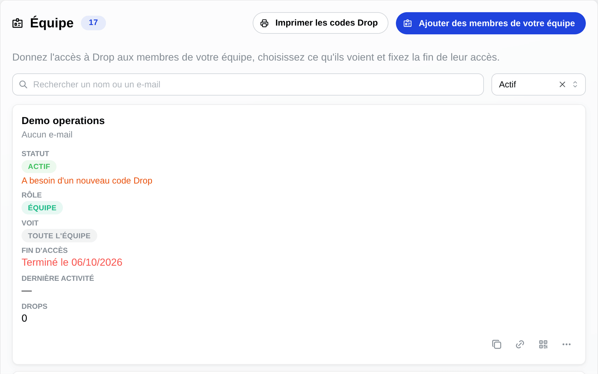 Votre équipe dans TraceReach Studio : un code Drop par membre, avec son groupe