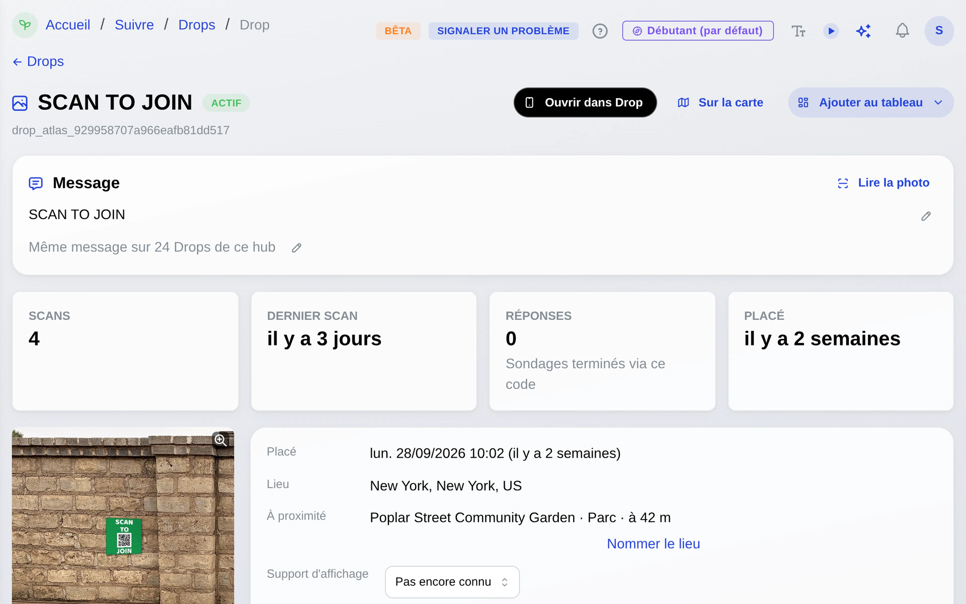 Le dossier d’un Drop : photo avec GPS, coordonnées, lieu proche, date et message du support