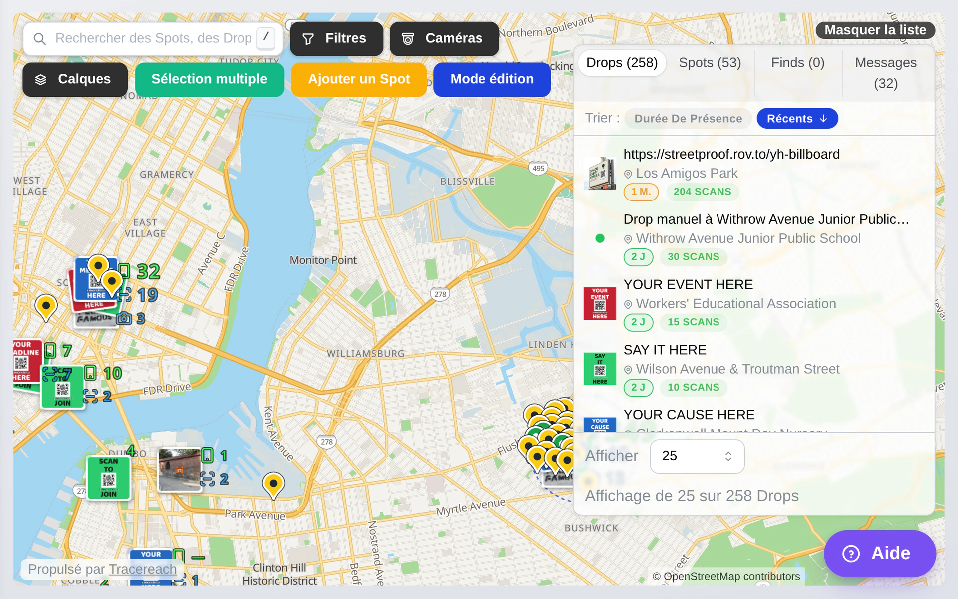 Les supports d’une campagne de démonstration sur la carte, avec les scans associés à chaque visuel.