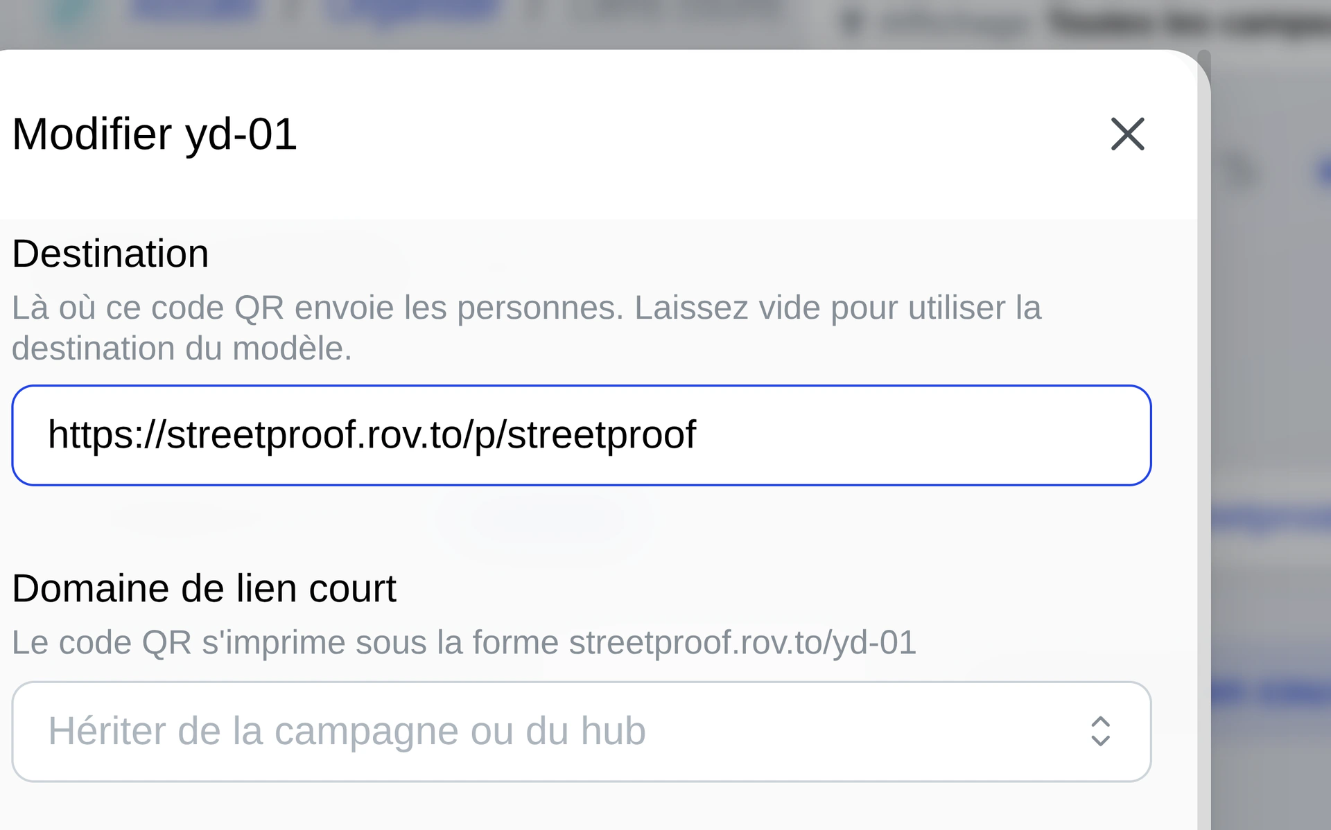 Changement de la destination d'un code dans TraceReach Studio : la nouvelle adresse saisie, l'adresse imprimée affichée en dessous.