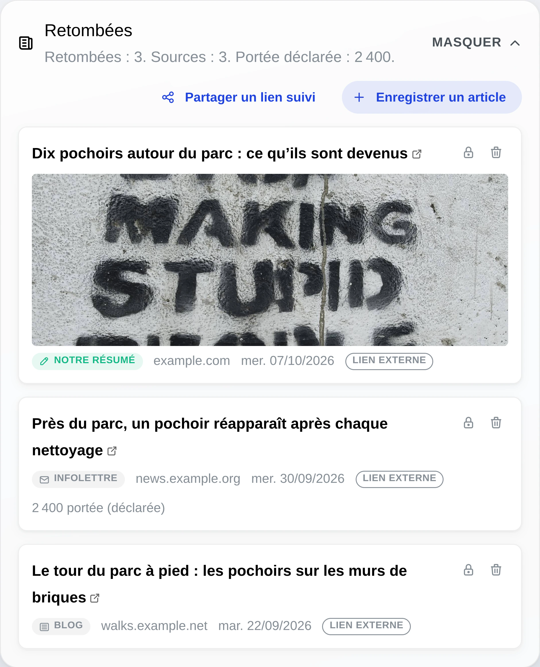 Le panneau Couverture sur la page du pochoir mural, avec les publications qui le mentionnent.