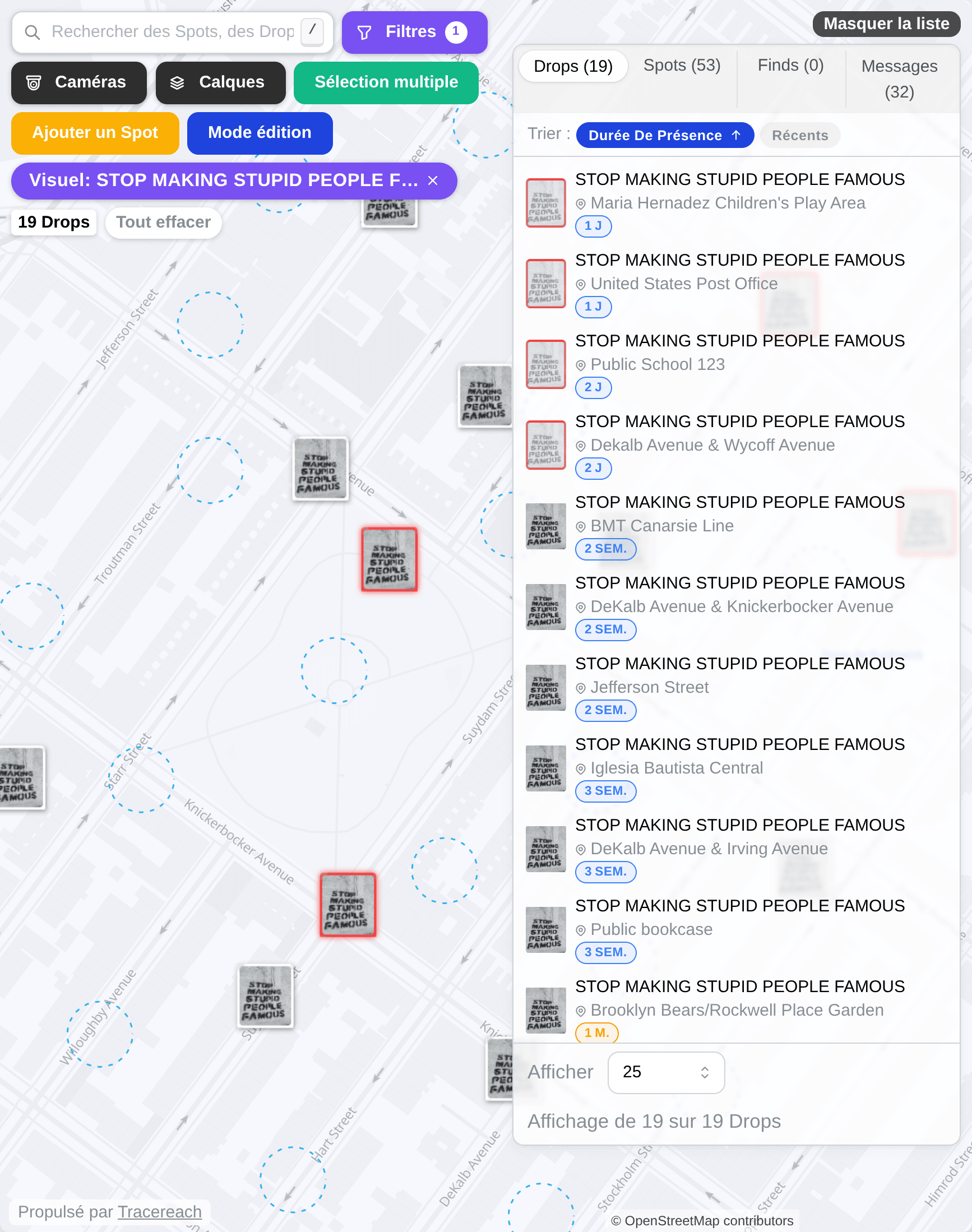 La carte des Drops dans Studio, autour d’un parc de Brooklyn, filtrée sur le pochoir mural. Chaque exemplaire apparaît sur une fiche ; quatre sont encadrés de rouge car retirés. À côté, la liste des Drops est triée par durée de présence croissante : les quatre exemplaires retirés après 1 ou 2 jours, puis ceux encore présents après 2 semaines, 3 semaines et un mois.
