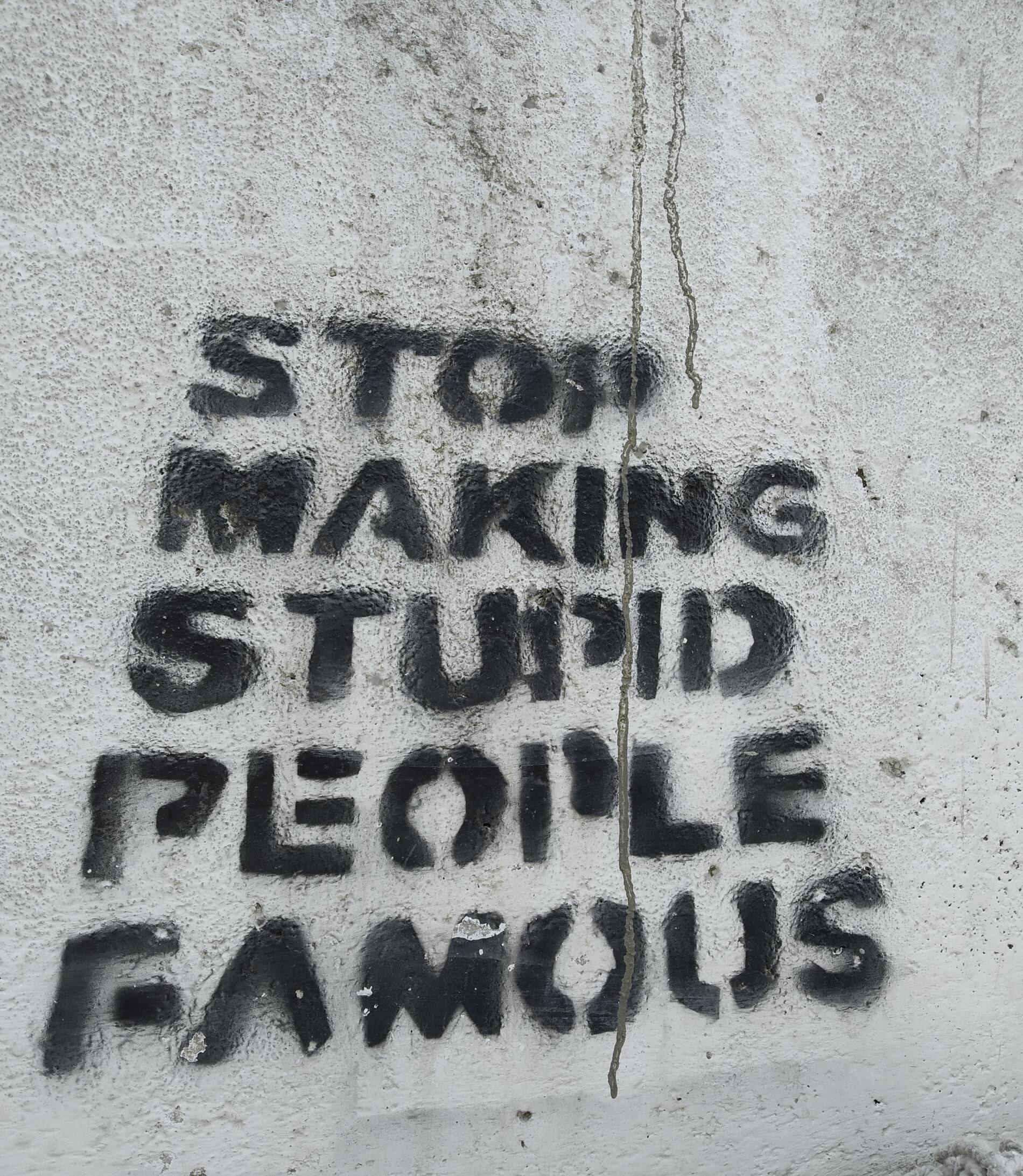 Hand-cut spray stencil on a white street wall reading "Stop making stupid people famous".