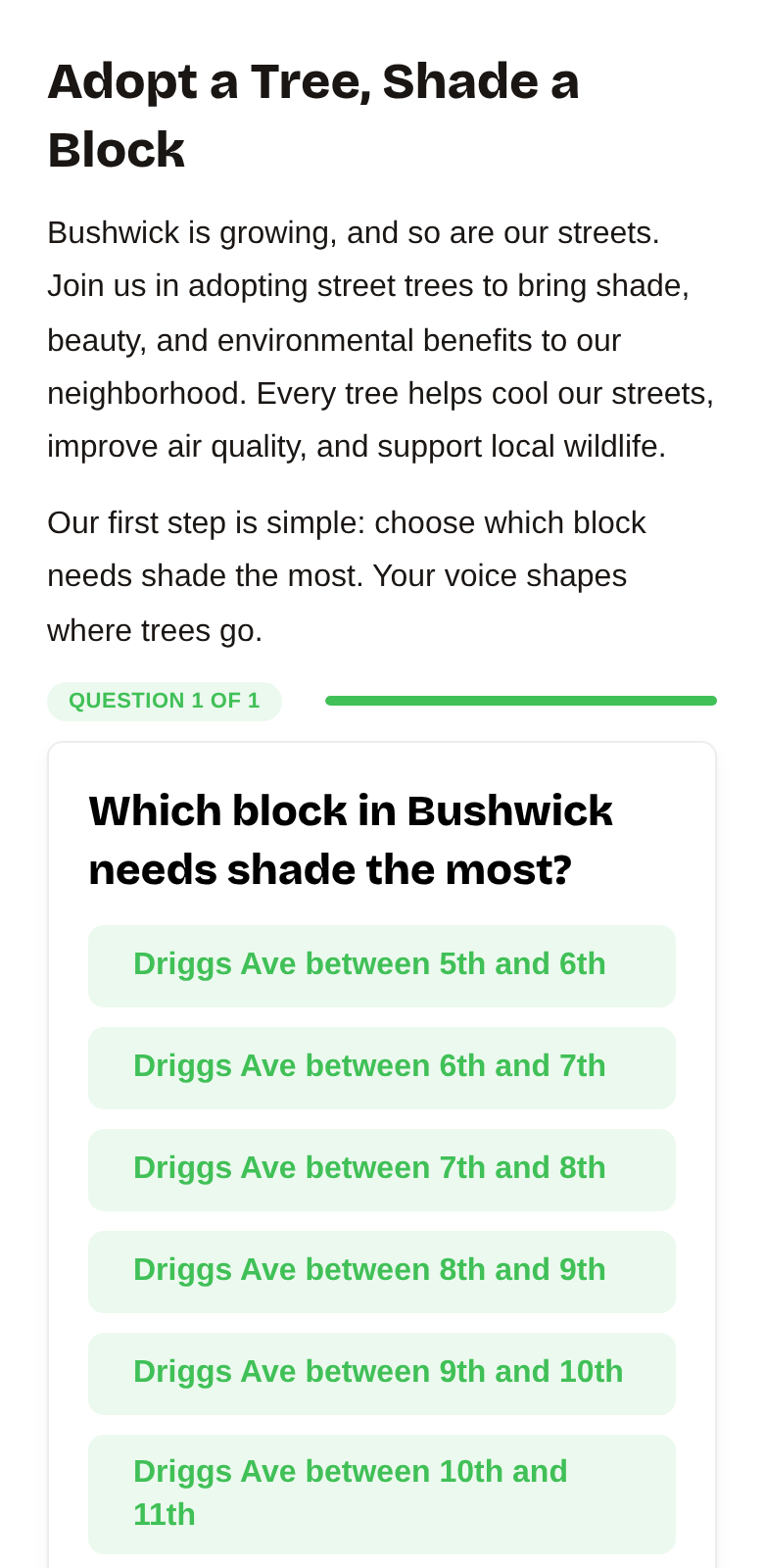 The landing page the assistant built, live at its own address, with the poll wired in