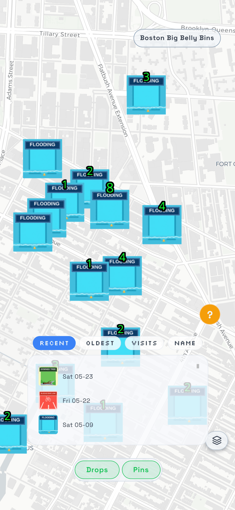 Drops on the map, each with its design and photo