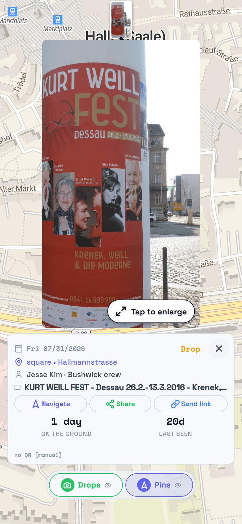 The same column as a drop on the map, with photo, place, and time
