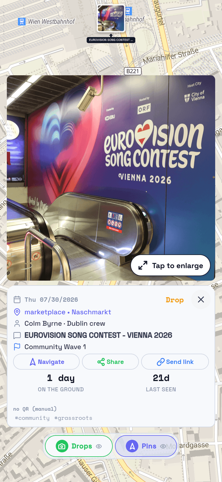 The same station wall as a drop on the map, with photo, place, and time