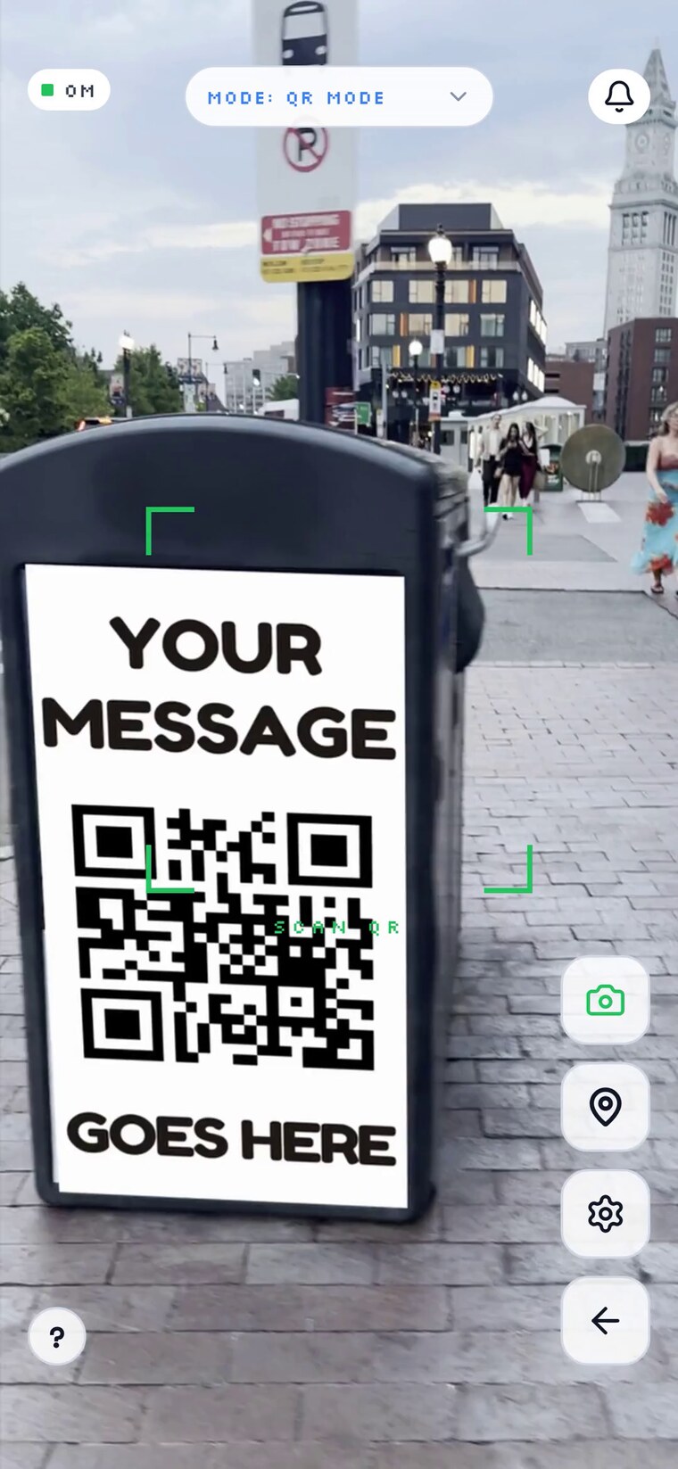 The same drop being logged: TraceReach Drop locking onto the placard's QR on the street
