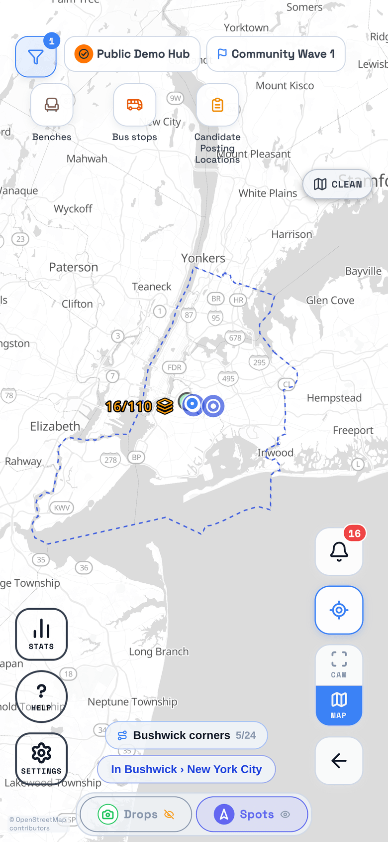 TraceReach Drop: a drop zone tracing New York City's own boundary, the five boroughs out to the harbour edge, with 15 of 110 pins covered inside it.