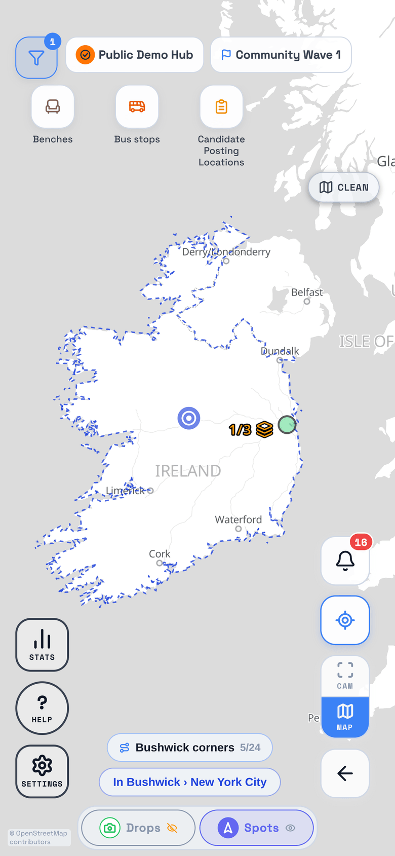 TraceReach Drop: a drop zone tracing the whole coastline of Ireland, with the campaign's Dublin pins inside it.