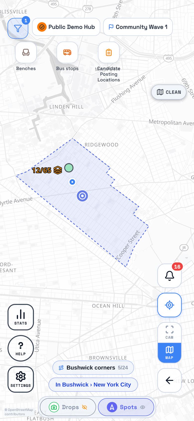 A drop zone in TraceReach Drop tracing Bushwick's own boundary, with 11 of the campaign's 65 pins covered inside it
