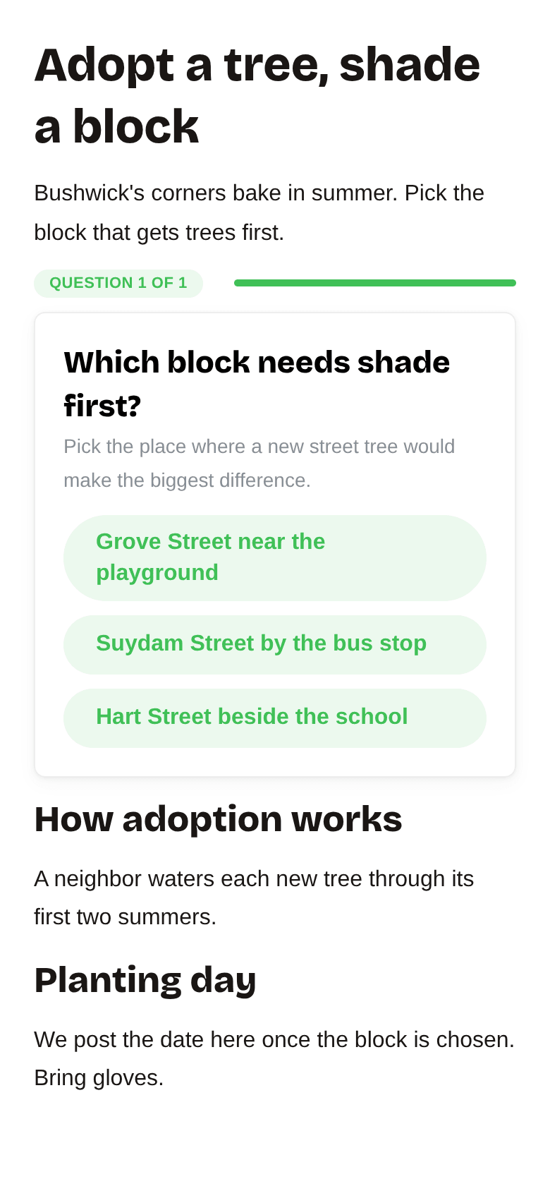 The landing page the plan creates, on a phone: Adopt a tree, shade a block, with the poll's three answer buttons