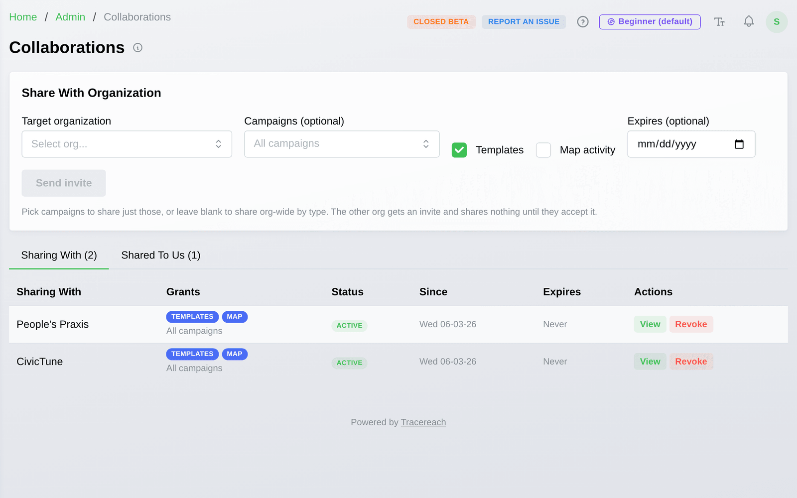 Share designs, campaigns, and map activity across orgs