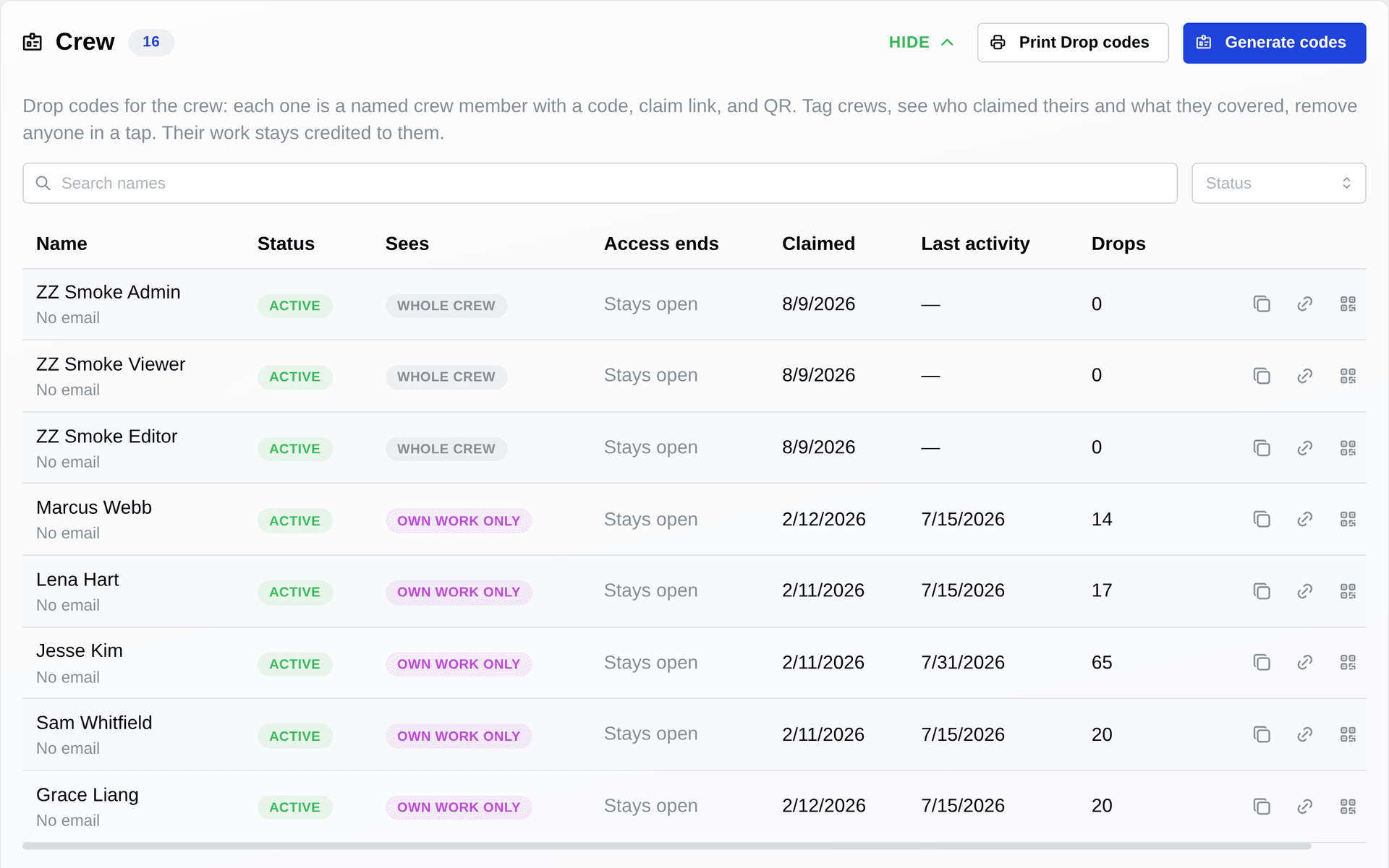 Crew roster: a Drop code per member, tagged by crew, in TraceReach Studio