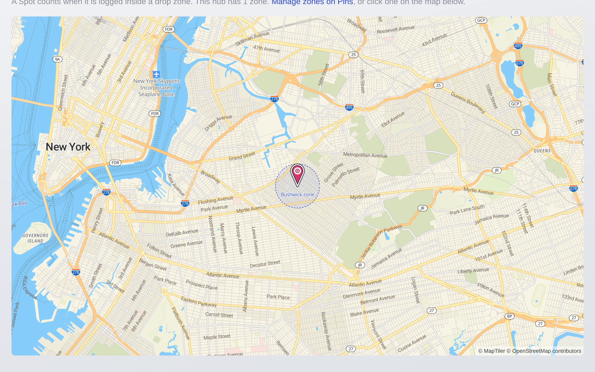 A zone on the Studio map: a dashed circle over the Bushwick street grid with the assigned pin at its center