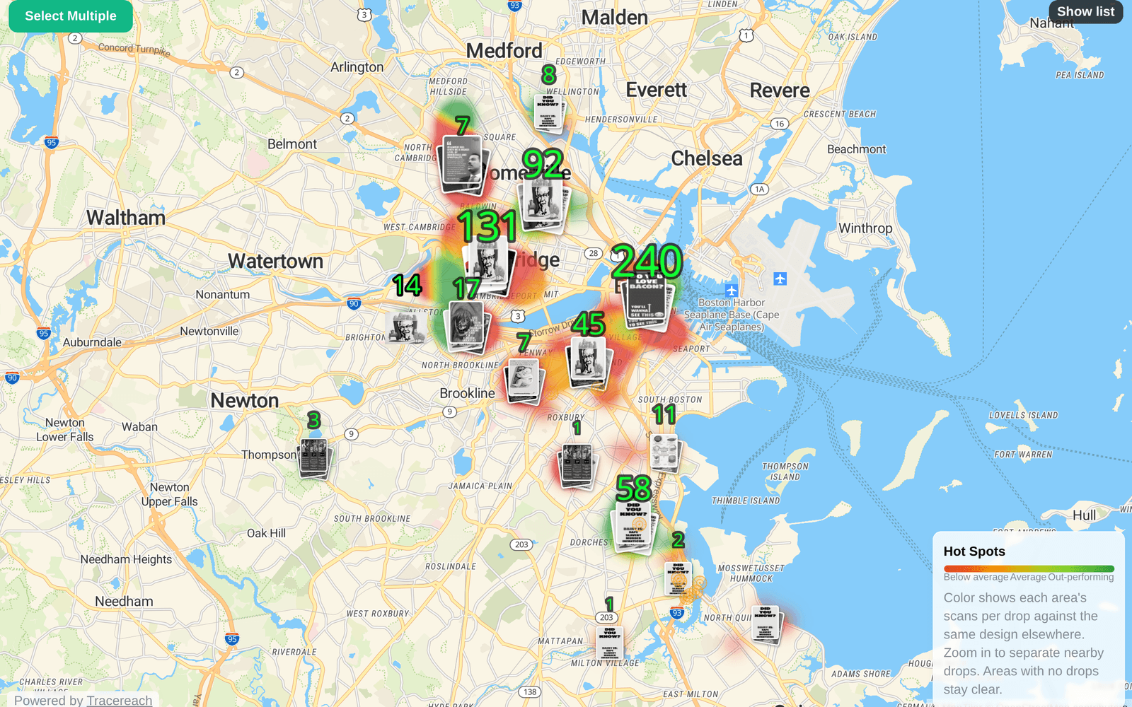 Hot-spot heat overlay with per-drop scan counts in TraceReach Studio