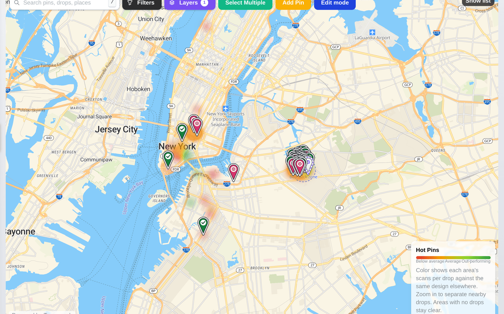 Hot-spot heat overlay: scan density by location