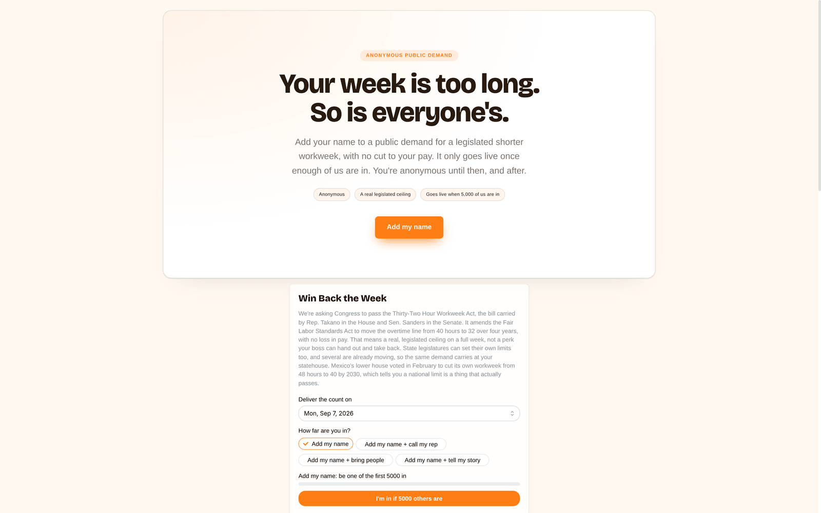 Campaign landing page with sections and pledge block