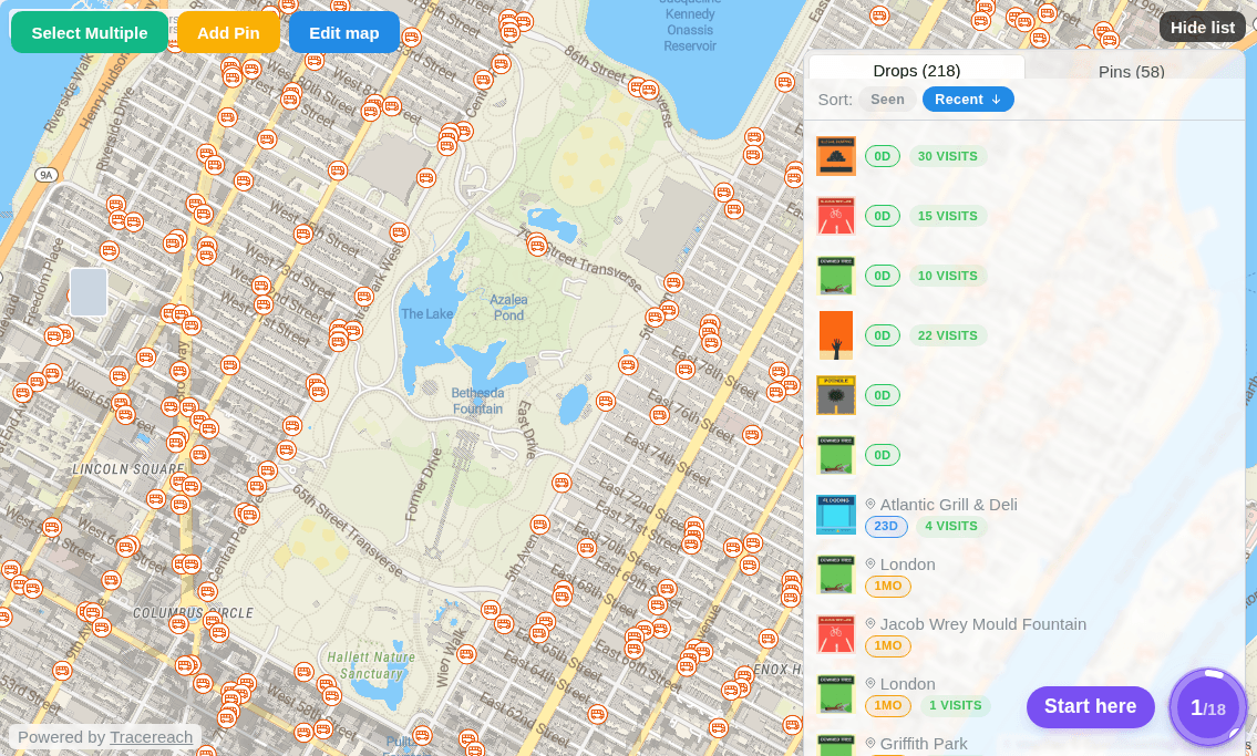 Bus stops and benches across the city, on the planning map