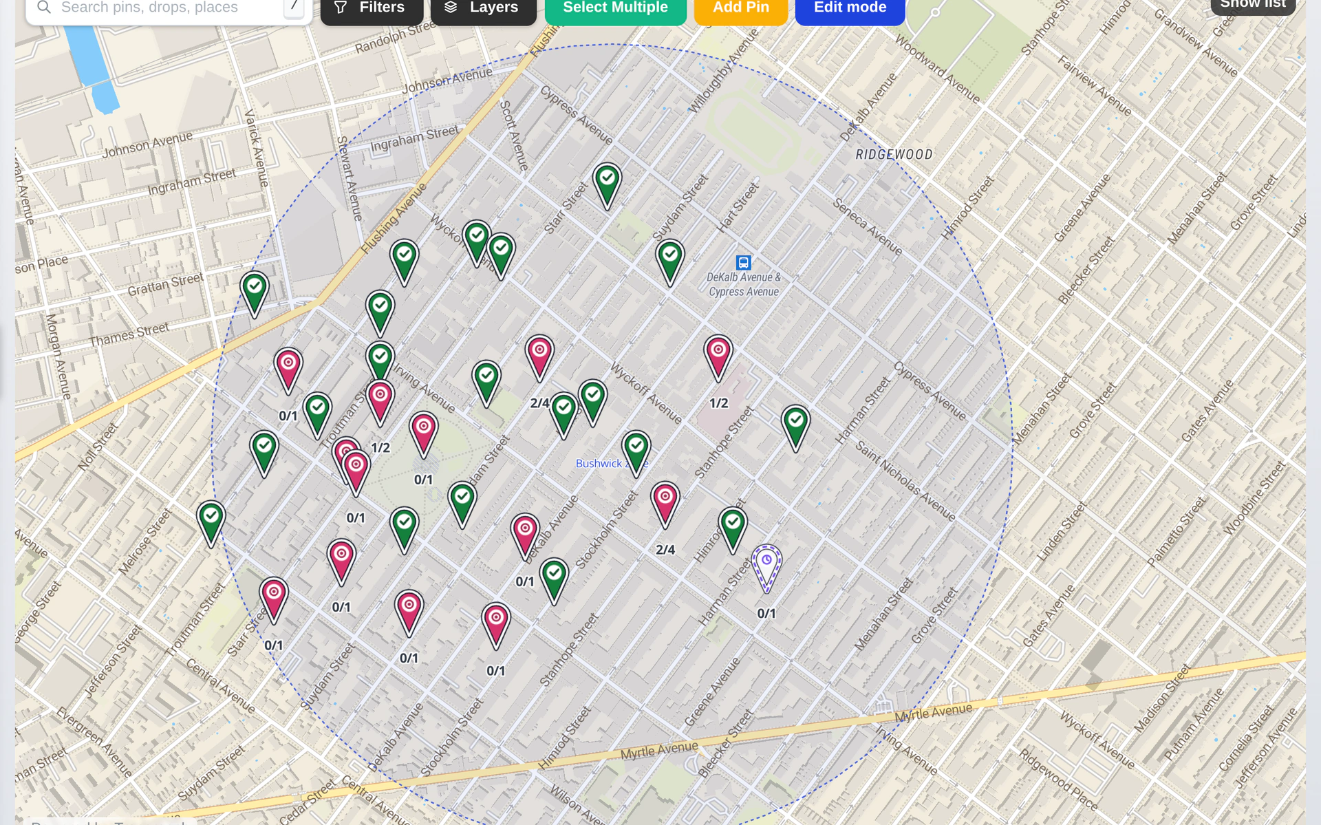 Coverage filling in across a zone of pins in TraceReach Studio