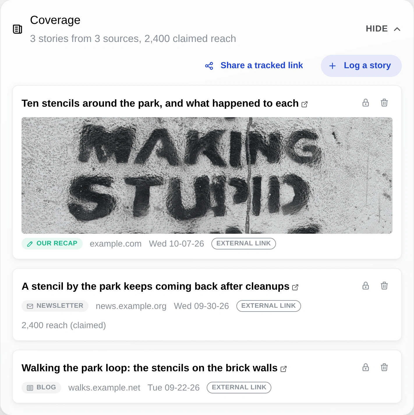 The Coverage panel on the wall stencil's design page, listing stories that mention it.