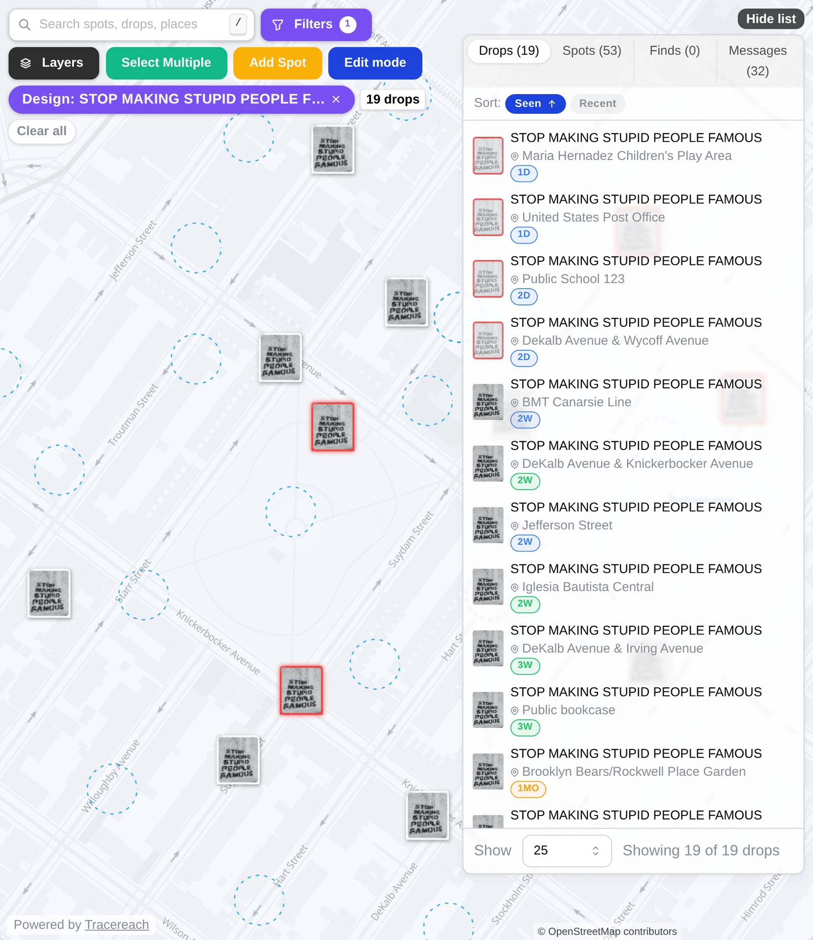 Studio's Drops map around a Brooklyn park, narrowed to the wall stencil: each copy is a card, four of them framed in red as removed. Beside it the Drops list, sorted by time seen, shortest first: the four removed copies at 1 or 2 days, then copies still there at 2 weeks, 3 weeks and a month.